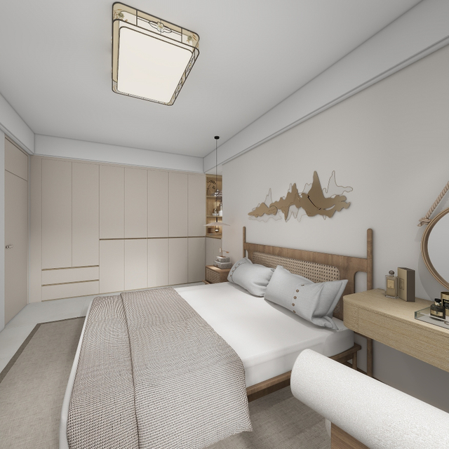 Einfache Holzkornmöbel mit heller Garderobe